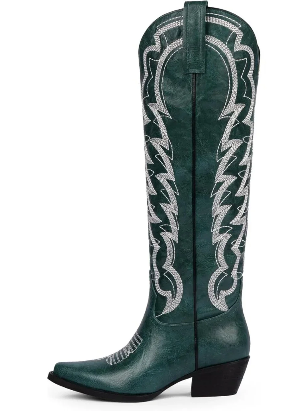 Women's Green Cowboy Knee High Boots Pointed Wide Calf Chunky Heel Cowgirl